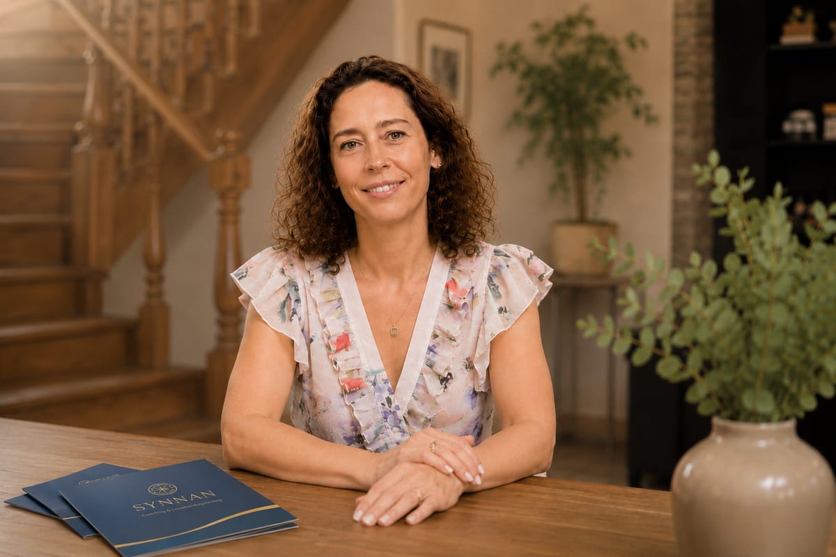 Isabelle van Synnan aan tafel, klaar voor een persoonlijk gesprek