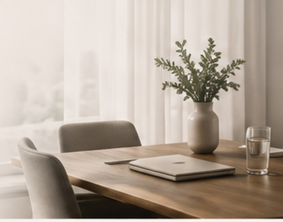 Een licht, verzorgd kantoorinterieur met natuurlijke materialen