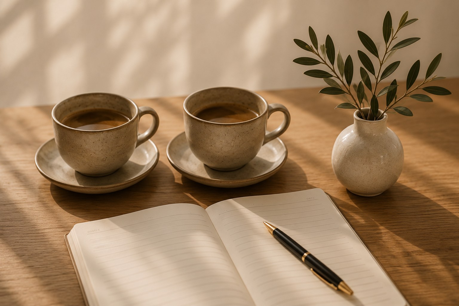 Een rustige werkplek met koffie, notitieboek en een olijftak