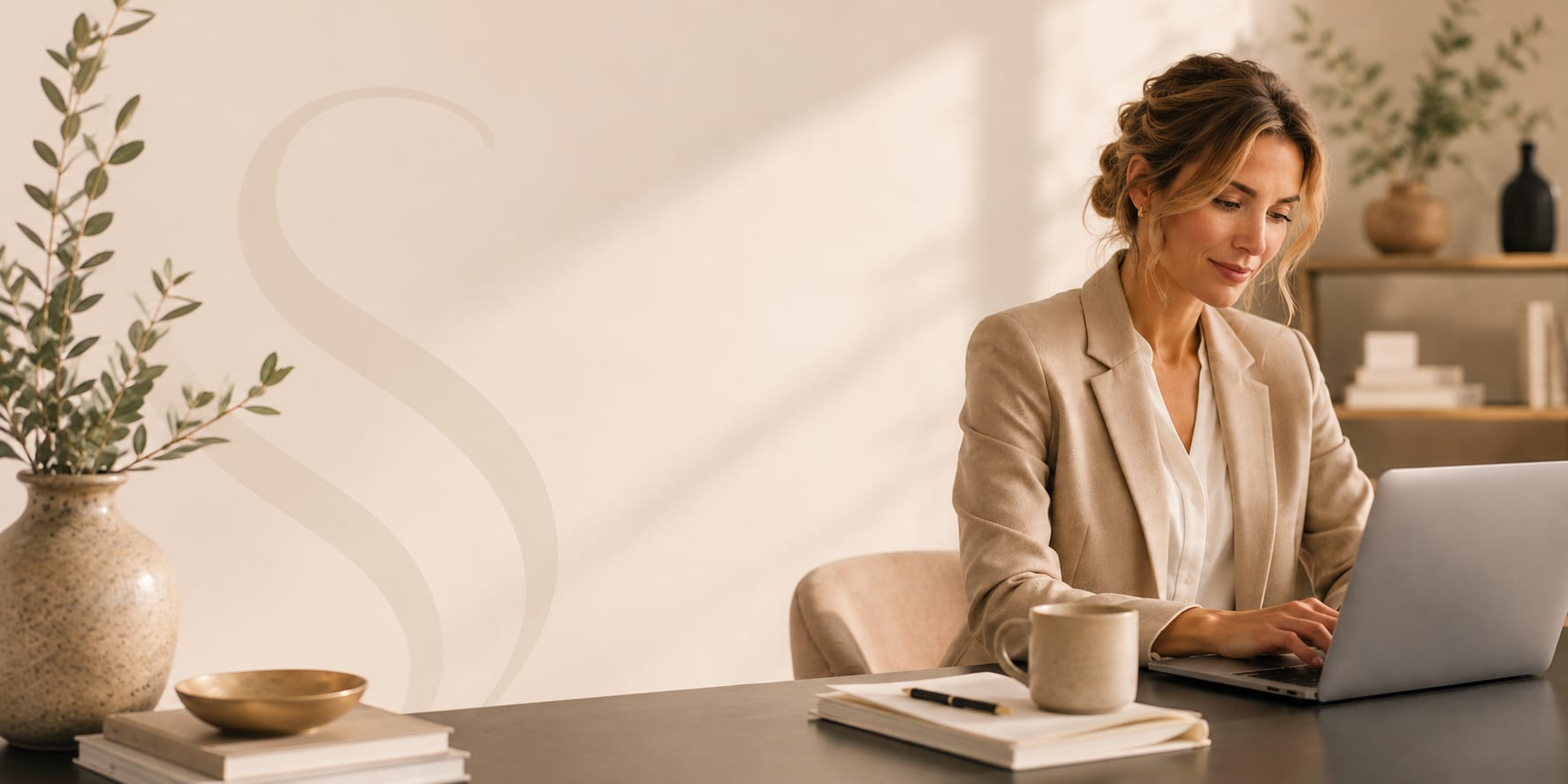 Een vrouw werkt aan een laptop aan een bureau in een licht, rustig kantoor